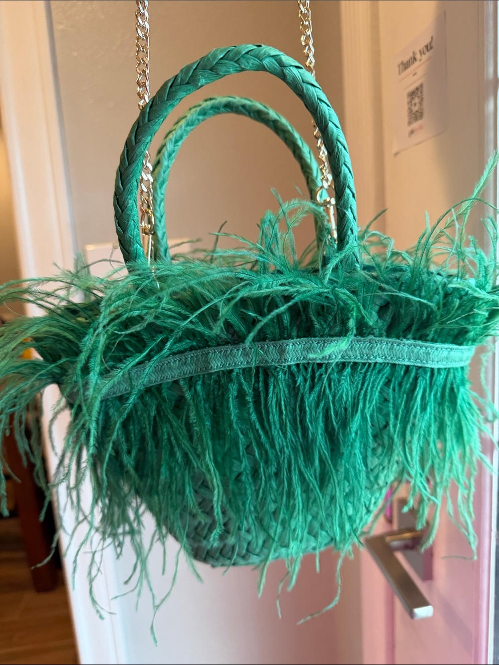 Zara Emerald Green Feather Straw Tote with Braided Handles